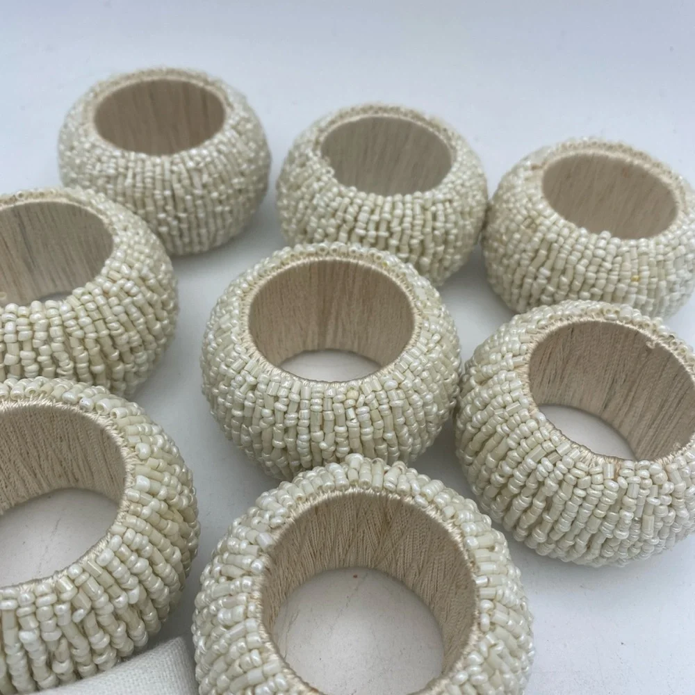 VTG Set Of 9 Beaded Cream Color Chunky Napkin Rings Holders